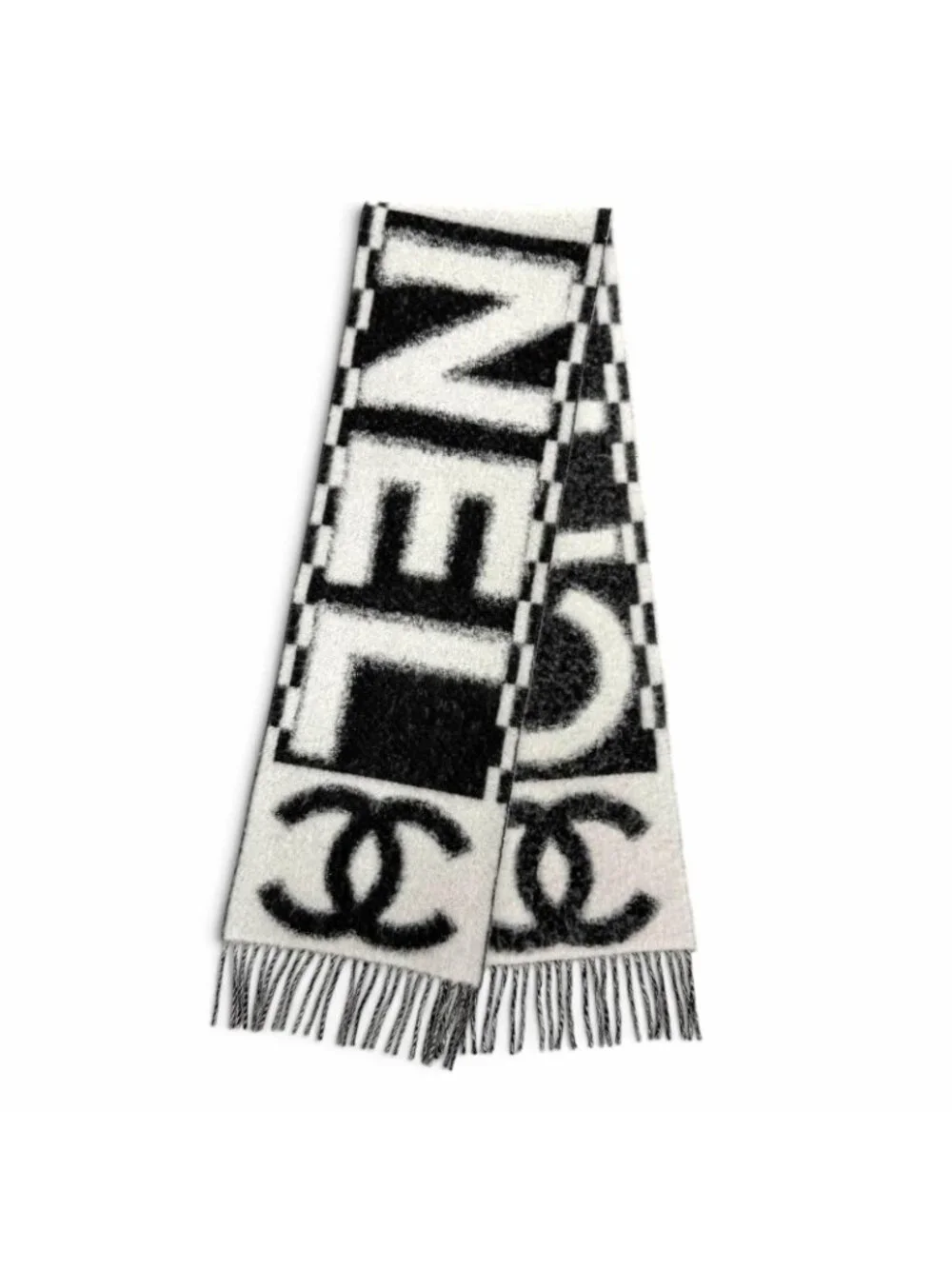 Chanel Cashmere Silk CC Logo Design Fringe Scarf White Black